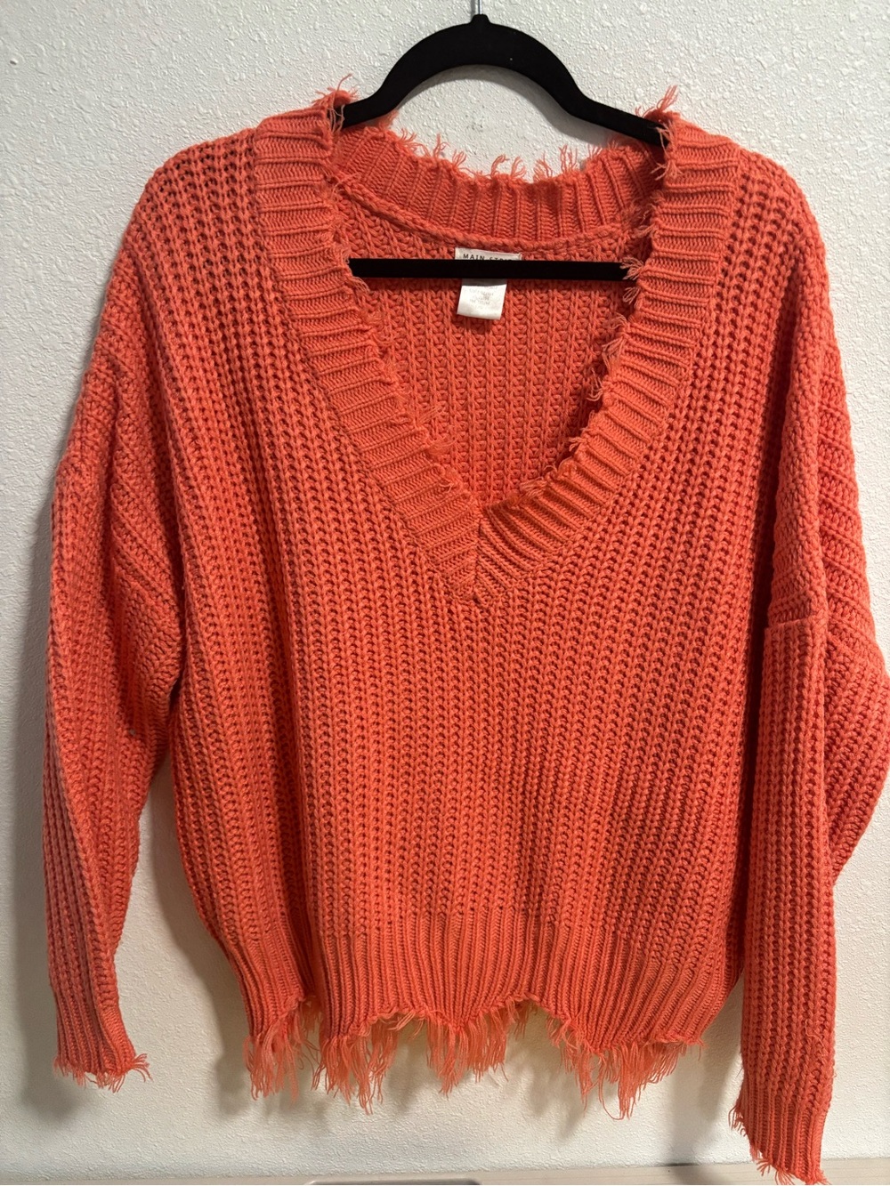 Main Strip Coral Distressed V-Neck Sweater